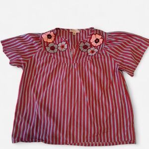 Philosophy Red and Blue Striped Blouse with Floral Embroidery